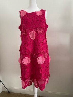 Nina Leonard Bright Pink Crochet Shift Dress